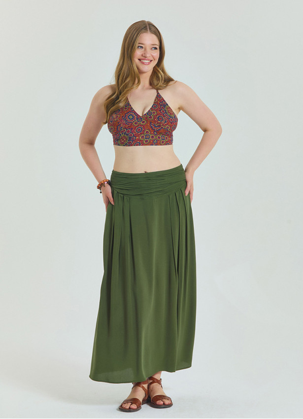 Khaki Plus Size Skirt with Elastic Waist and Drape Detail 4602